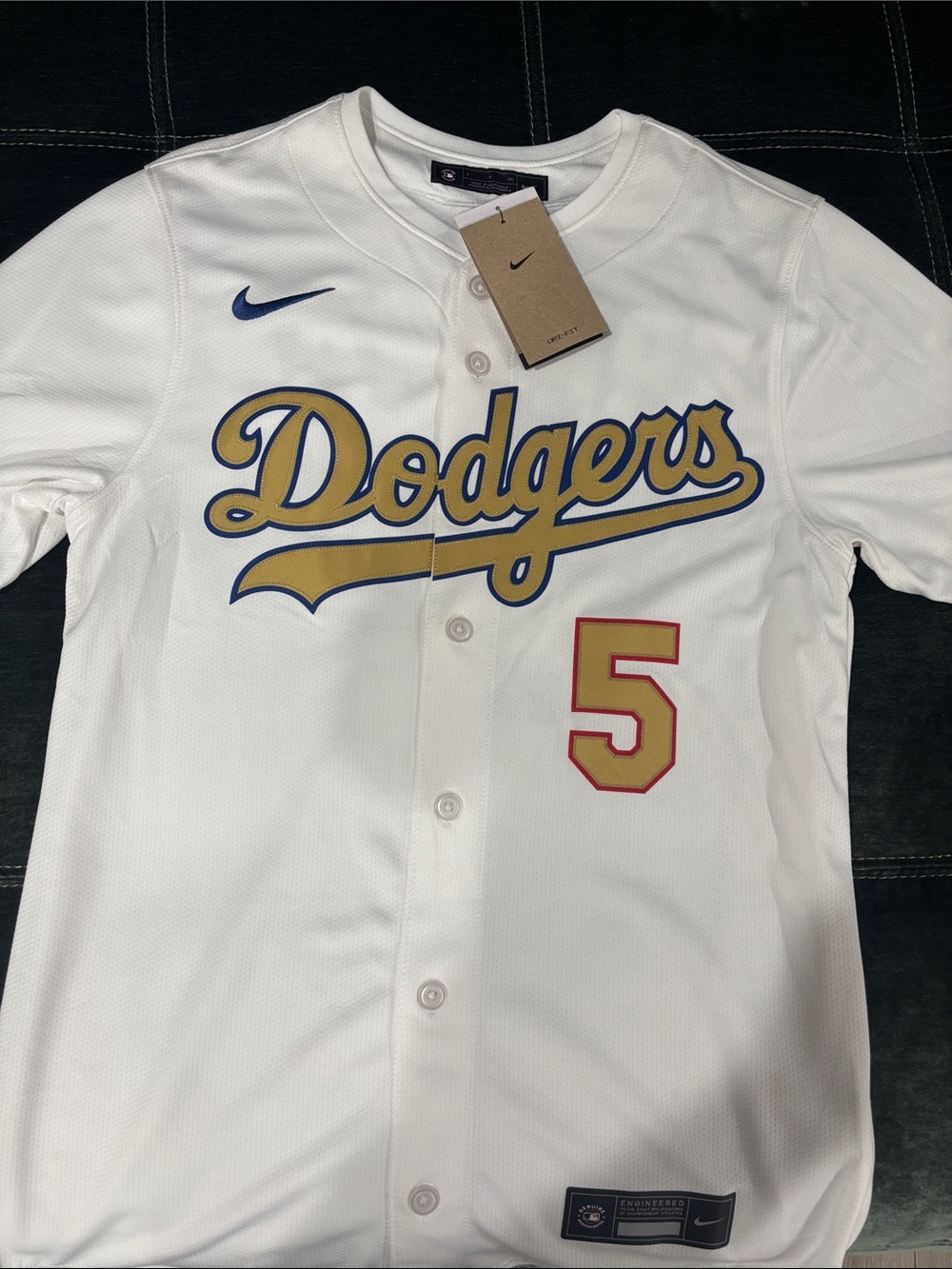 Nike White Dodgers Gold & Blue Baseball Jersey with Red Accents